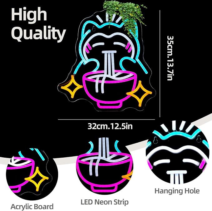 Ramen Neon Sign Cute Bear Noodles Neon Sign for Wall Decor LED Dimmable Japanese Wall Decor Neon Light USB Poweredfor Gaming Rooms, Restaurants, Bars & Kids Bedrooms, Creative Gift with Safe Indoor(13.7inx12.5in) (blue)