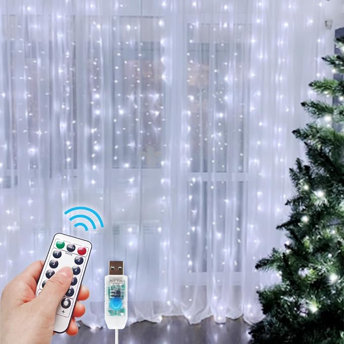 200 LED Fairy Curtain Lights, 6.6 x 6.6 FT Warm White USB Plug in 8 Modes String Hanging Lights with Remote for Christmas, Bedroom, Indoor, Outdoor, Weddings, Party (Cold White)