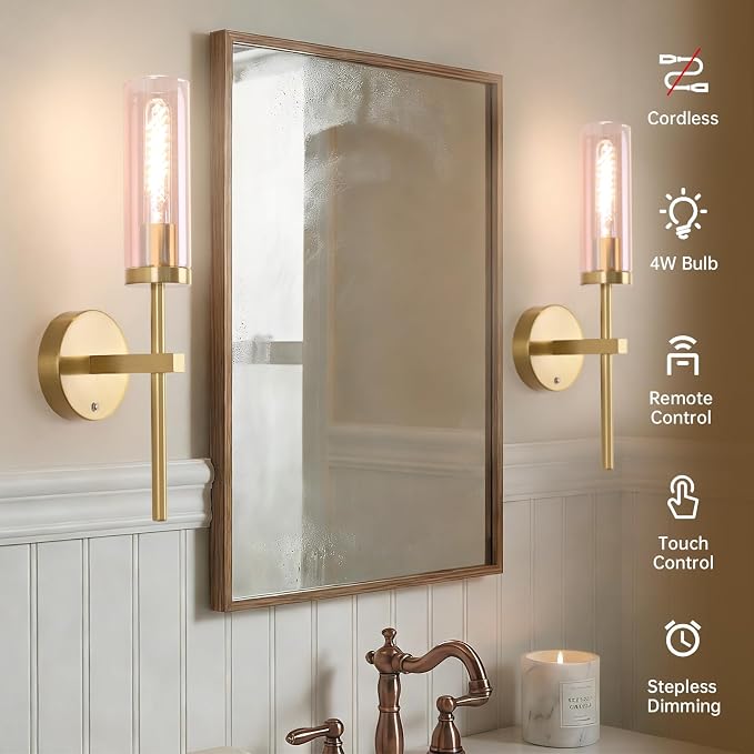 Shenmoyl Battery Operated Wall Sconces Set of 2, Gold Rechargeable Wall Lighting Fixtures, Dimmable Wall Lights with Remote & Pink Glass Shade for Living Room, Bathroom,Bedroom