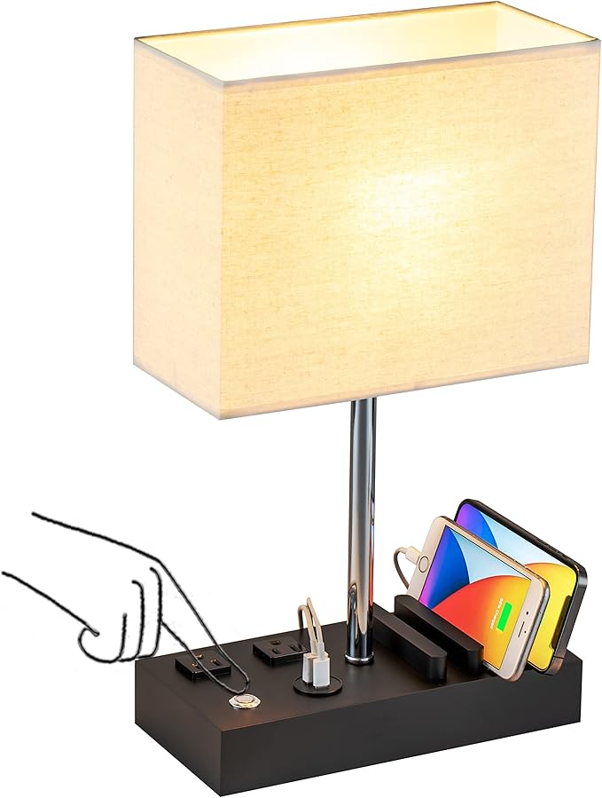 Briever Upgraded 3 USB Table Lamp with 2 USB A & C Charging Ports, Bedside Desk Lamp with 2 AC Outlets and Wooden Phone Stand Organizer, Nightstand Lamp for Bedroom, Living Room, Office, Silver Base