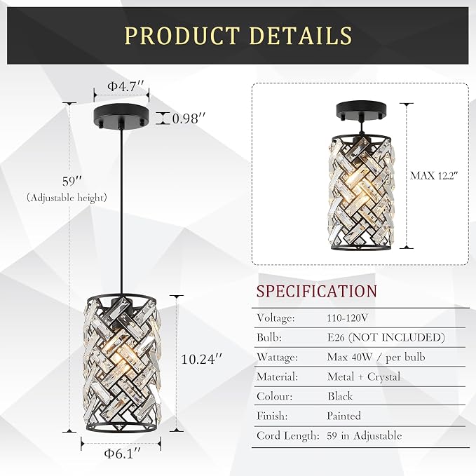 CATINER Black Crystal Pendant Light, Mini Kitchen Island Hanging Light, E26 | Black crystal pendant light with adjustable cord, E26 socket, dimmable for kitchen islands, dining rooms and hallways