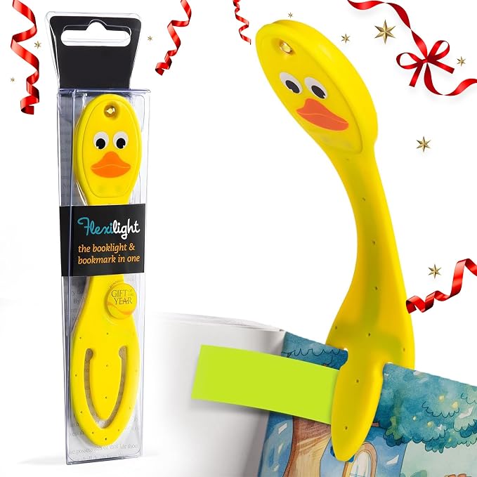 Gifts for Readers & Writers Book Light, Clip On Reading Light for Bed, 2in1 Flexilight & Bookmark, Small & Lightweight with a Soft Glow, 2 Batteries Included, Duck
