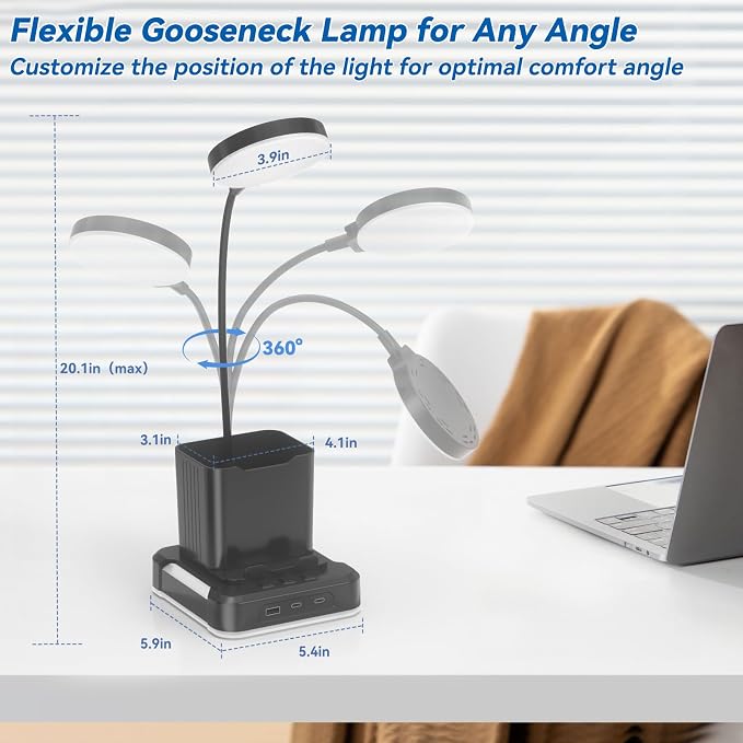 KDD 5 in 1 Desk Lamp with Charging Ports, 9 RGB Modes Gaming Table Light | Pen & Phone Holder, 360°Adjustable Gooseneck Desktop Lights, Dimmable Table Lamp for Home Office College Dorm Room