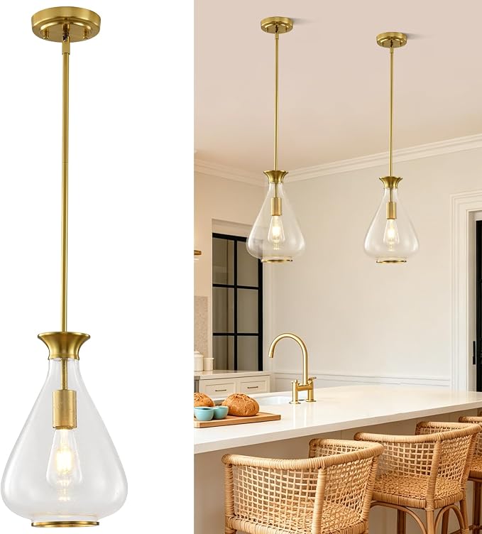 Modern Pendant Lights Kitchen Island,1 Pack Brushed Gold Pendant Light Fixtures with 8.5" Clear Air Bubble Glass Shade,Industrial Hanging Pendant Lights Fixture for Kitchen Island Dining Room Entryway