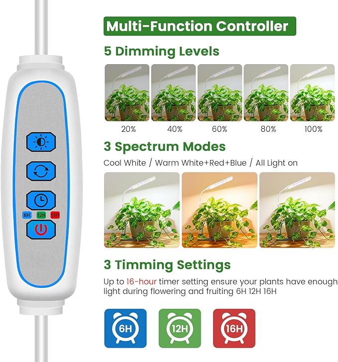 Wolezek Grow Lights for Indoor Plants, 52 LEDs Full Spectrum Plant Grow Light with Base, Height Adjustable Grow Lamp with Auto Timer 6/12/16H, 5 Dimmable Brightness, for Small Plants, White, 2-Pack