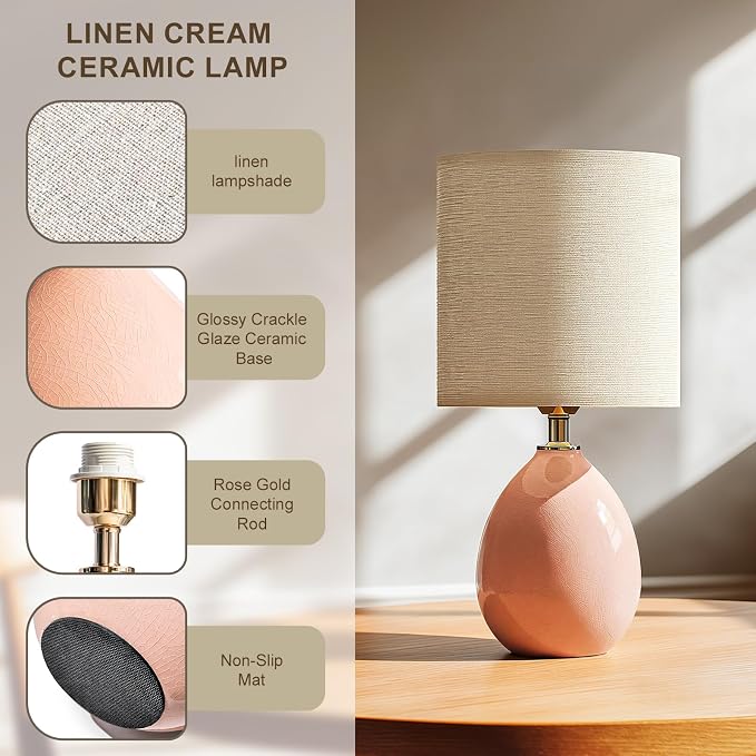 18.5" Table Lamps Set of 2 for Living Room Bedroom, Bedside Lamps for Night Stands, Desk Nightstand Lamp Dimmable, Modern Linen Ceramic Lamps，Pink