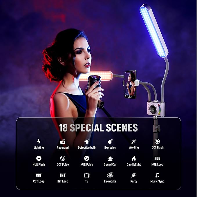 NEEWER RGB Esthetician Light Kit Upgraded with Phone APP Control/Touch Bar, Separate Control Dual Arm LED Video Light w Phone Holder/Stand/Travel Bag, 2500K-10000K 18 Scenes for Tattoo Lash, BH40C