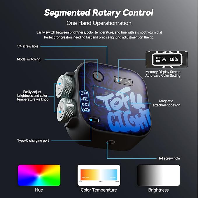 PHOTOOLEX RGB Video Light, Magnetic Small LED Panel Selfie Light w Cold Shoe Mount & Clip & Mini Tripod, 360° Full Color/CRI 96+/21 Scenes/2500-9900K/2000mAh, Portable Recording Photography Lighting