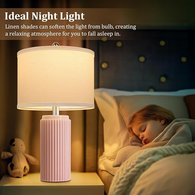 23.5" Pink Ceramic Table Lamps Set of 2, Modern Nightstand Lamps | Bedside Table Lamps with White Linen Shade, Ideal Size, Farmhouse Home Decor for Living Room Bedroom Office End Table Dorm