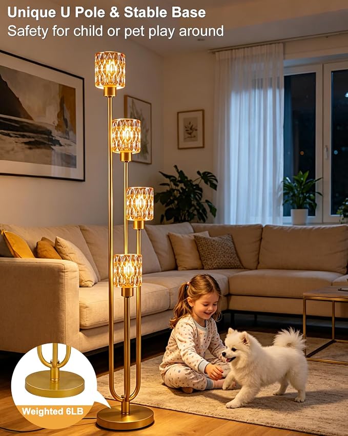 Vintage 4-Light Amber Glass Floor Lamp, Dimmable Gold Standing Tall Lamp for Reading, Mid Century Modern Floor Lamp for Living Room Bedroom Home Office Corner Decor, Bulb Included