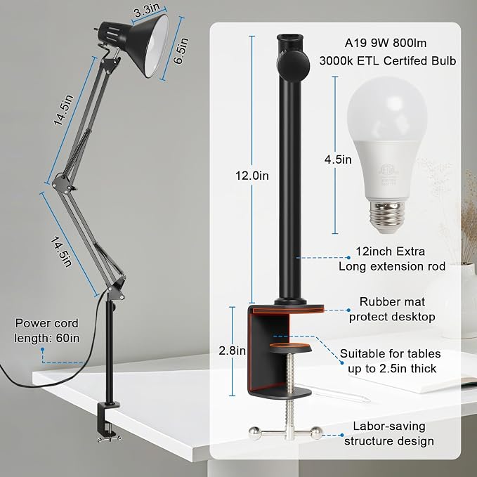 LED Clamp on Desk Lamp, 360°Adjustable Swing Arm Desk Lamp | Clamp Light with Eye-Caring LED Bulb for Home Office Reading Drafting