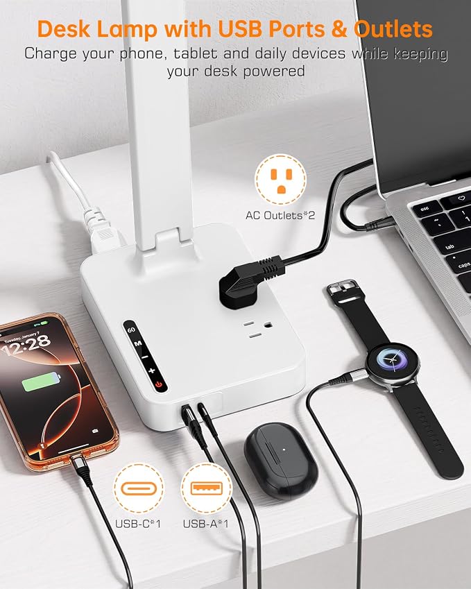 LED Desk Lamp for Dorm Office, USB-C & 2 AC Outlets Charging, White | LED Desk Lamps for Home Office with 2 USB Charging Ports(1 USB-C), 2 AC Outlets, Foldable Small Desk Lamp for Study Reading