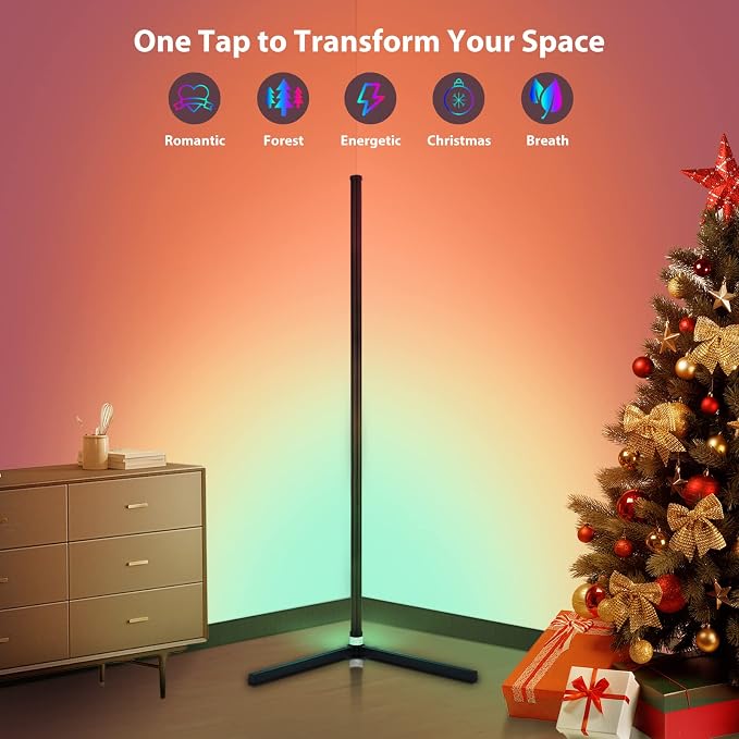 WISIMMALL RGB Corner Floor Lamp, Bluetooth APP and Remote Control Music Sync LED Modern Floor Lamp for Living Room, Light Timing, 398 Dimmable Modes, 64.5" RGB Color Changing Mood Lighting