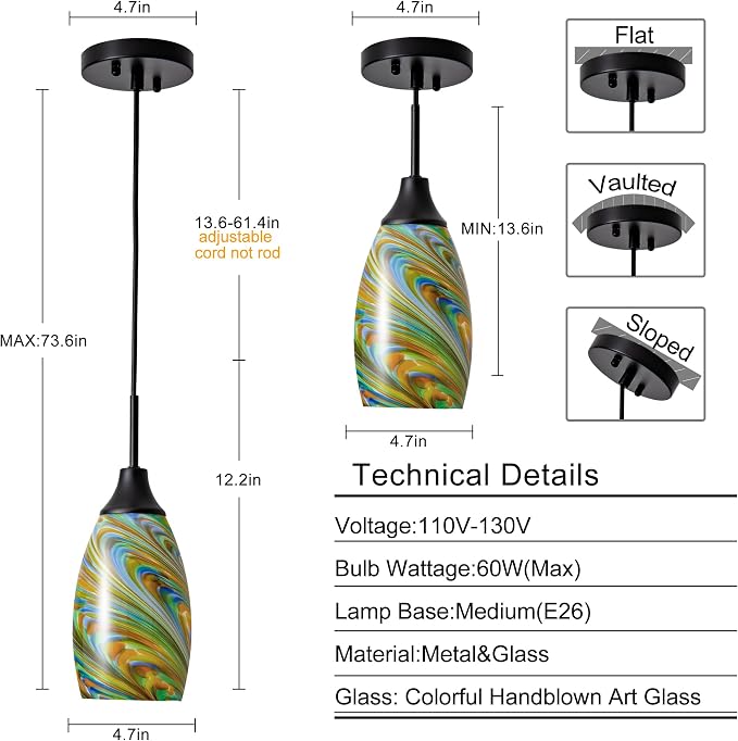 Viinew Mini Glass Pendant Light 3-Pack Colorful Oval Pendant Lights | 4.72" with Handblown Glass Oval Chadelier,Glass Ceiling Pendant Light for Dining Room Kitchen Island Cafe Foyer