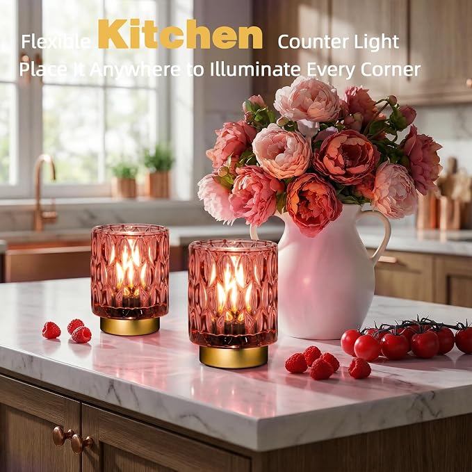 Battery Operated Table Lamp Timer, Small Cordless Lamps Decorative, 2 Pink | Mini Crystal Lamp for Area No Plug, LED Battery Powered Lamps Wireless, Glass Accent Light for Bathroom Fireplace Shelf Decor