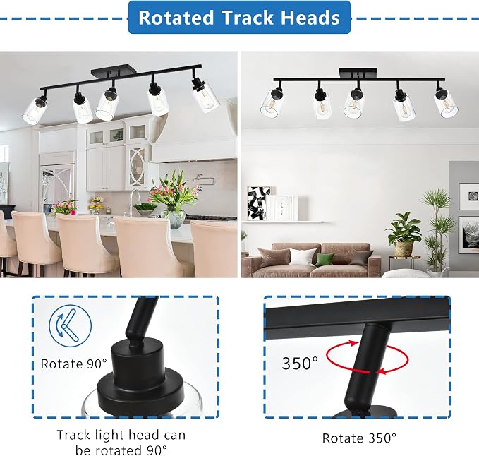 MELUCEE 5 Light Vanity Lights for Bathroom with Rotatable Light Head | Black Ceiling Light Fixture with Clear Glass Shade, Modern Spotlight Track Lighting Kit for Hallway Porch Foyer Bath, 37 Inch