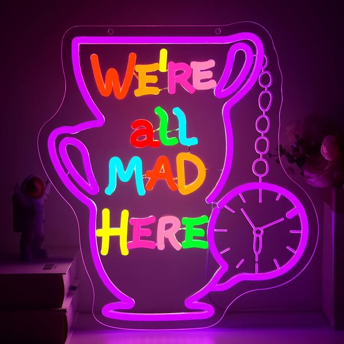 We All Mad Neon Sign for Wall Decor Fairy Tale LED Light for Man Cave | Dimmable fairy tale neon light, bedroom, living room tea party gothic decor, birthday gifts for fans, size 14.3*13.0 in