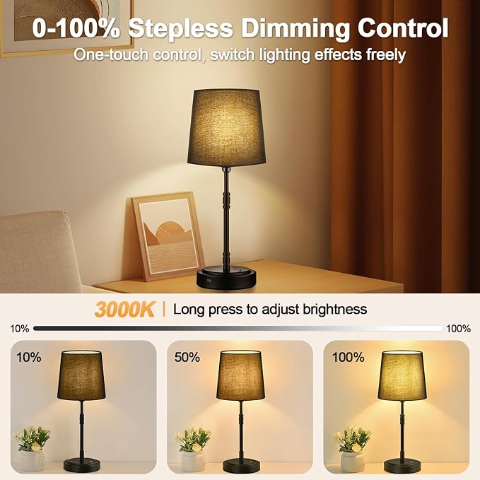 Cordless Table Lamps Set of 2 – Battery Operated Lamp with 7500mAh Rechargeable Battery, Stepless Dimmable Black Lamps with Black Shade, Wireless Lamps for Dining Room & Nightstand (Bulbs Included)
