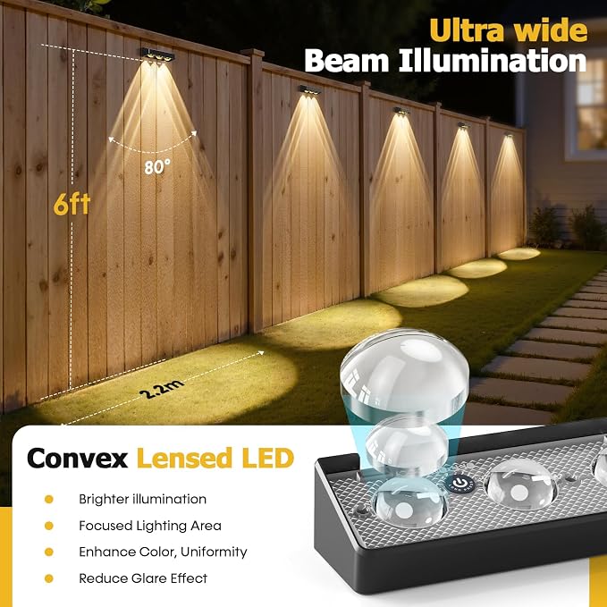 Solar Fence Lights, 12 Pack LED Outdoor Solar Deck Lights with Lenses, RGB Color, IP65 Waterproof, Solar Lights for Outside, Wall, Patio, Railing, Yard (Black)