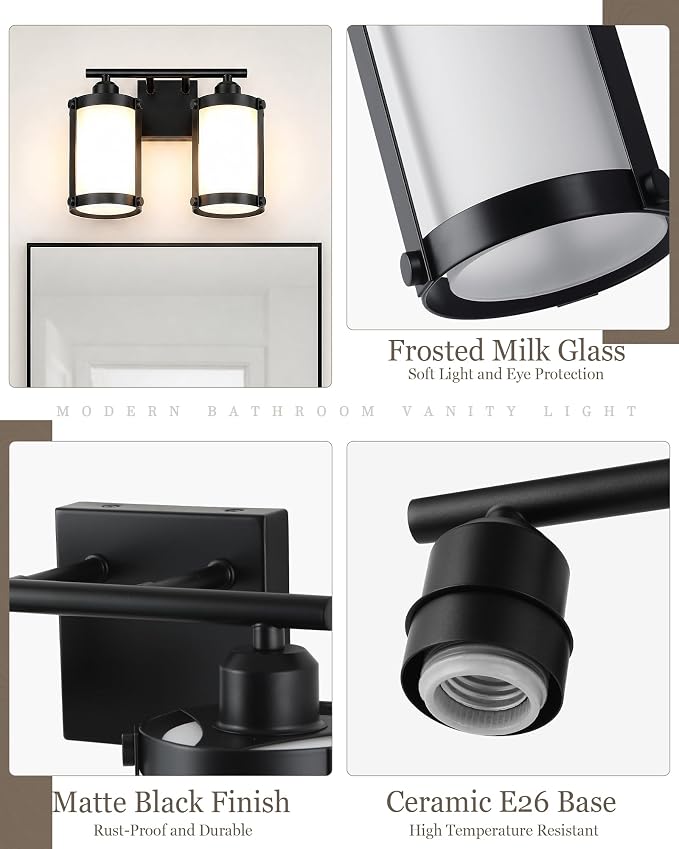 2-Light Black Bathroom Light Fixtures with Milk White Frosted Glass, 13.2" UL-Listed Modern Wall Sconce Over Mirror with Metal Cage for Bath, Hardwire E26, OS-3014BKW-2W
