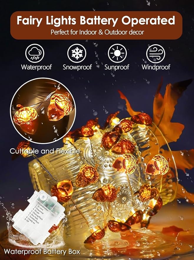 Acorn Fall Lights Battery Operated LED String Lights with Remote & Timer | 8 Modes, IP44 Waterproof, 10FT 30 LED Fall Fairy Lights Twinkle for Harvest Thanksgiving Halloween Party Indoor Outdoor Decor