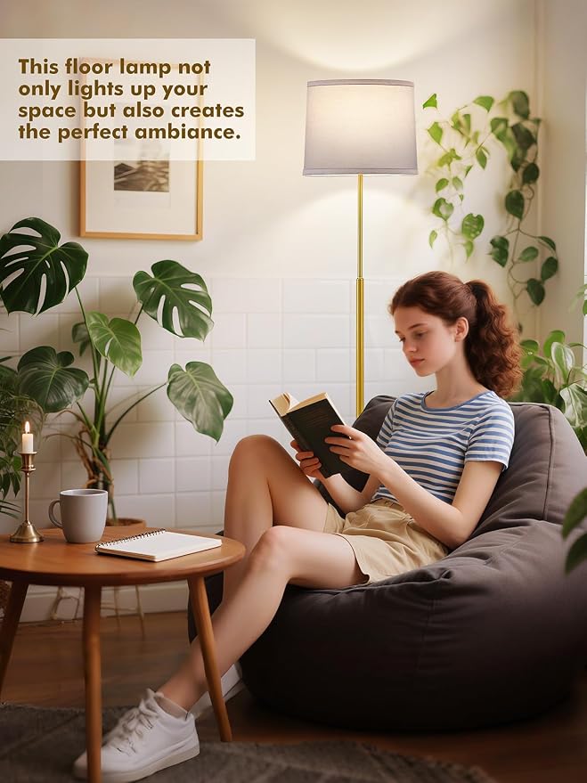 60" Modern Floor Lamp for Living Room Bedroom, Standing Lamp with White Linen Lampshade, Tall Lamp with A19 9W 3 Color Temperature Bulb, Foot Switch Control, Gold