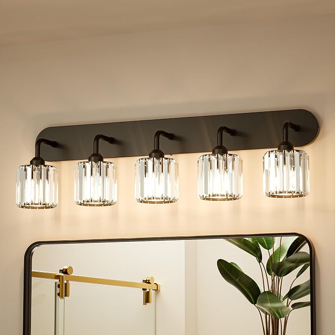 Keonjinn 5-Light Crystal Bathroom Light Fixtures Over Mirror, Black | Vanity Lighting Fixture with Square Shades, Dimmable, Modern Style, Compatible with E26 Base LED Bulbs (Blub Not Included)