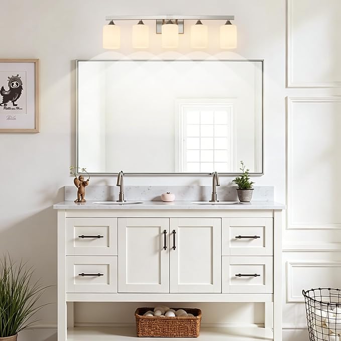 ZHU YAN Modern Vanity Light Over Mirror, 5-Light Brushed Nickel Bathroom Lighting Fixtures, White Frosted Glass Shades,Bathroom Lights for Mirror Living Room Bedroom E26 Socket