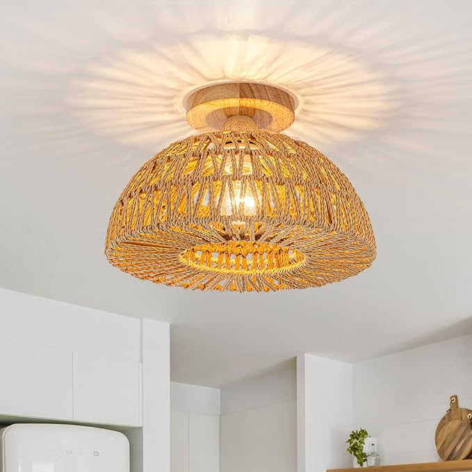 Boho Ceiling Light Fixtures,Rattan Light Fixture,Small Boho Chandelier Hand Woven Ceiling Light with Wooden Base,Rattan Flush Mount Ceiling Lights for Bedroom Hallway Kitchen Entryway Nursery