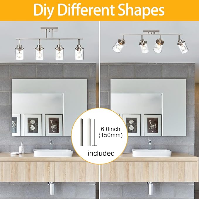 Yaohong 4-Light Track Lighting Kit Brushed Nickel Track Lighting Fixtures, Bathroom Wall Light Ceiling Mount Rotatable Spotlights, Kitchen Ceiling Light Fixtures with Glass Shade for Bathroom Hallway