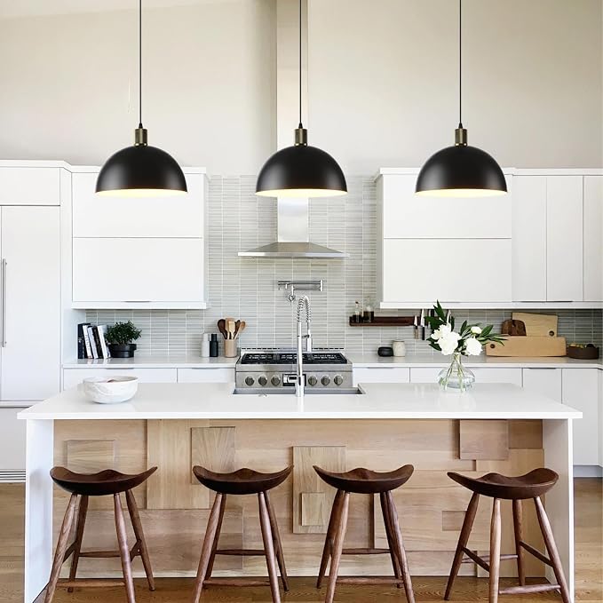 Black Pendant Lights Kitchen Island 3 Pack, 11.8" Modern Black and Gold Pendant Light Fixtures Dome Farmhouse Hanging Lights for Sink Dining Room Hallway Entryway