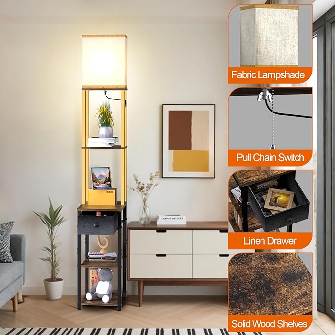 Lightdot Floor Lamp with Shelves&Drawer, Black and Gold Sofa Lamp with Fabric Shade, Display Corner Floor Lamp with Storage Table for Living Room/Bedroom/Sofa Beside/Corner Decor(Bulb Include)