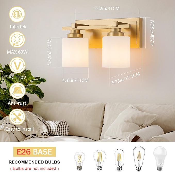 Modern Bathroom Light Fixtures Over Mirror, Vanity Lights for Bathroom Wall Sconces with Milky White Glass Shades, E26 Socket (Bulbs Not Included), 2 Light, Brass