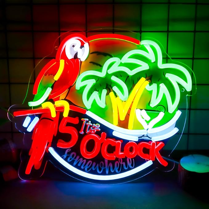 Its 5 00 O'clock Some Where Neon Signs Parrot Neon Lights Wall Decor for Beer Bar Pub Home Recreation Game Room Gift Art-12.6 x 12.2 IN