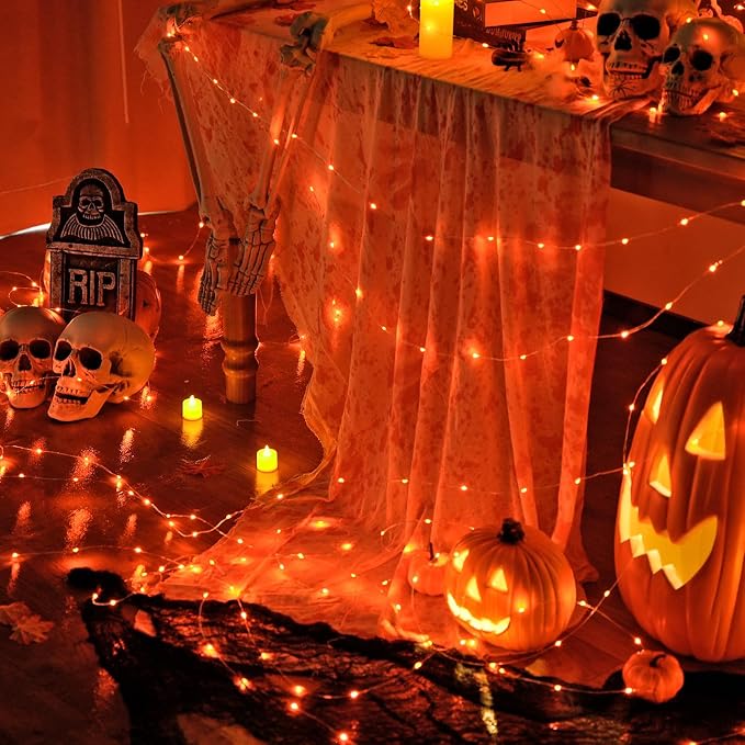 JMEXSUSS 200 LED Orange Fairy Lights Plug in | 8 Modes Orange Halloween Lights Indoor with Wheel, 66 ft Remote Control Thanksgiving Light for Thanksgiving Party Gift