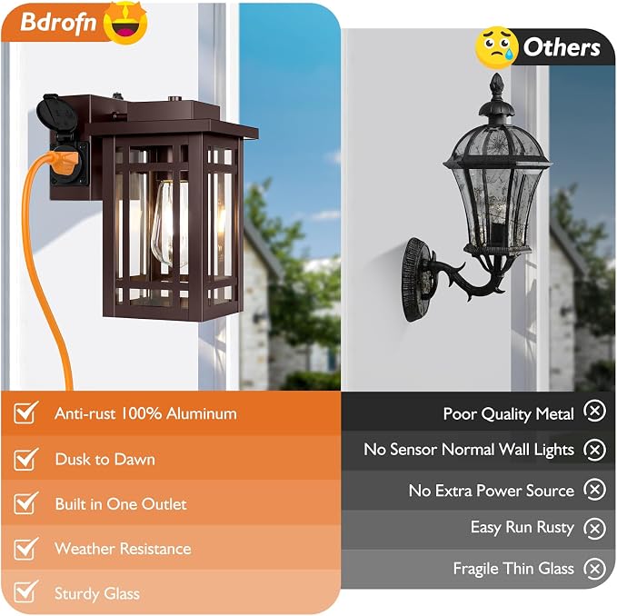 2-Pack Outdoor Porch Lights with Outlet,Dusk to Dawn Modern Outdoor Wall Lights Exterior Lighting Fixtures Waterproof,Orb Bronze Outside Light for House Patio Garage Hallway
