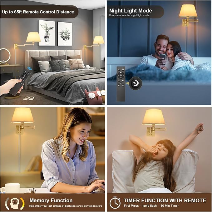 TRLIFE Remote Control Dimmable Wall Sconce, Adjustable Color Temperature 2700K-6500K Brushed Brass Swing Arm Wall Lights with Plug in Cord, 11.8" Large White Shade(2 Pack, Oak Color)