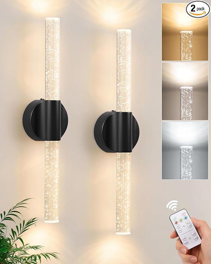 VerRon Peel and Stick Rechargeable Magnetic Wireless Wall Sconces Set of 2 | Long Picture Vanity Wall Lamps with Remote&Touch Control, 3CCT&Dimmable Battery Operated Sconces for Bedroom Living Room