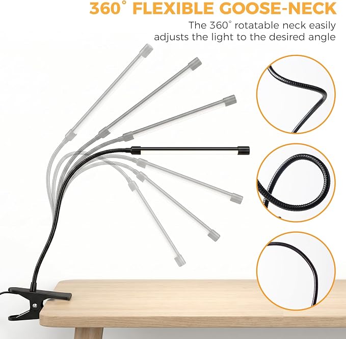 Clip on Reading Light for Books in Bed: Adjustable Dimmable Gooseneck Eye Caring LED Small Desk Table Lamps with Clamp: 3 Modes Lighting Night Lamp for Bed Headboard - Bedside（with Power Adapter）