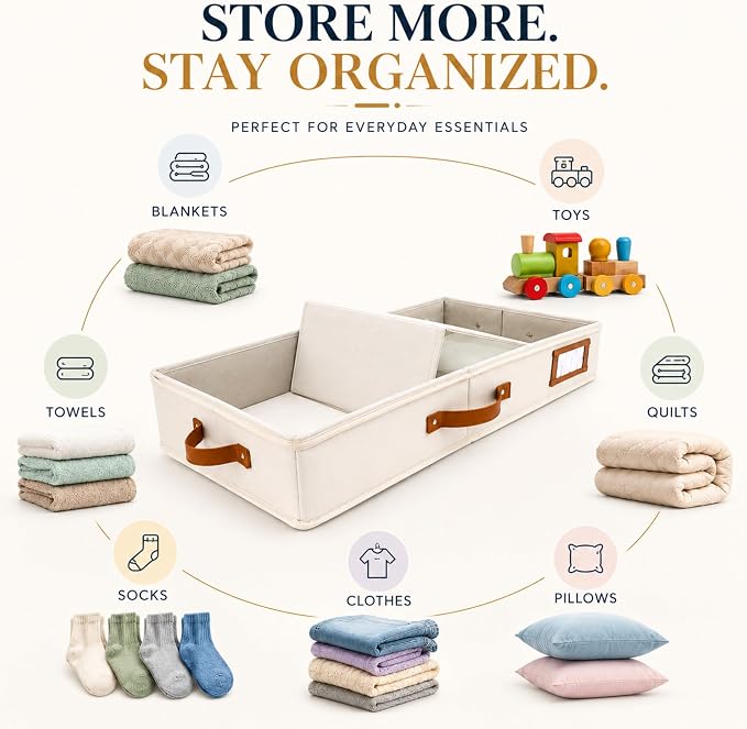 Under Bed Storage, Low Profile 2pc with Lid, Ivory | Slim fit for low-clearance beds & couches, Fits seasonal clothes, blankets & shoes, Bins with lids, Space-saving storage