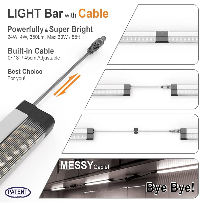 EBD Under Cabinet Lighting Plug in 6 Pcs 12 Inch, Dimmable No Messy Wires Built-in Adjustable Cable LED Light Bar 6500K 2700LM for Kitchen Home Office, Memory for Smart Plug, 1 Pcs Extension Cables