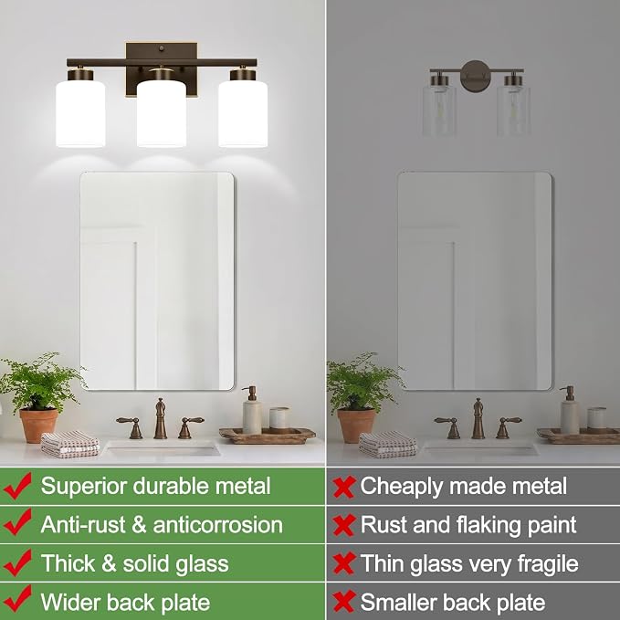 3-Light Bathroom Light Fixtures, Brown and Gold Vanity Light with Milky White Frosted Glass Shades, Modern Vanity Lighting Fixtures for Bathroom, Mirror, Bedroom, Hallway, Living Room