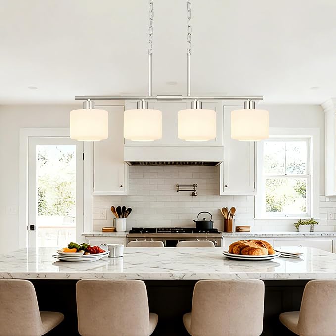 4-Light Brushed Nickel Kitchen Island Lighting, Modern Linear Dining Room Chandelier Light Fixtures with Milk Glass and Chain, Mid Century Hanging Lights for Kitchen Island, OS-YQ8153-4ISBNW
