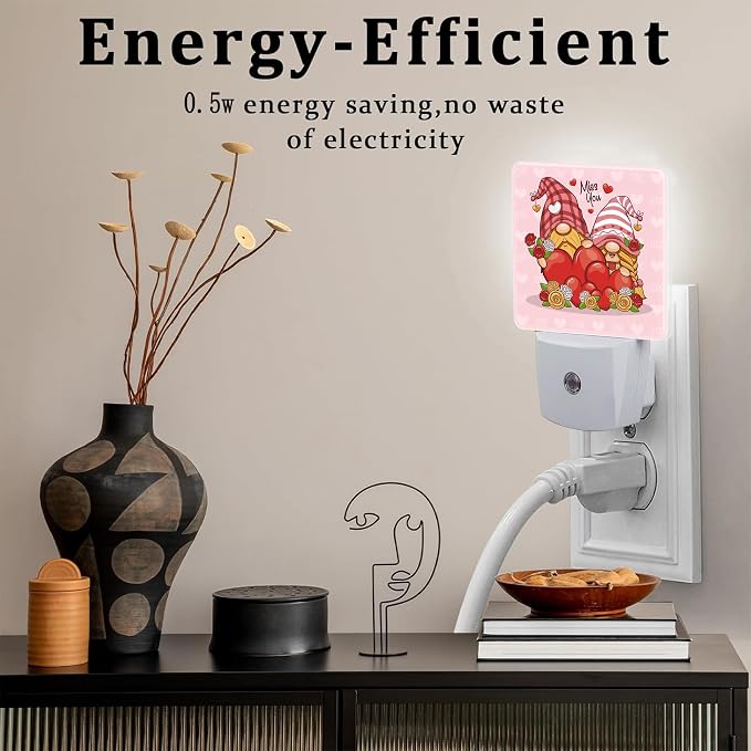 Valentine's Day Gnome Couple Night Light for Kids, Gnomes with Love Red Hearts Night Light Plug in with Dusk to Dawn Sensor,0.5w Energy Saving Nightlight for Hallway Stairway Kitchen Bedroom