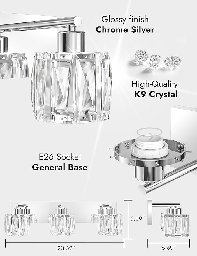 VOLISUN Crystal Vanity Lights - 3 Light Modern Stainless Steel Bathroom Light Over Mirror, Chrome Finish - UL Certificated (Exclude Bulb)
