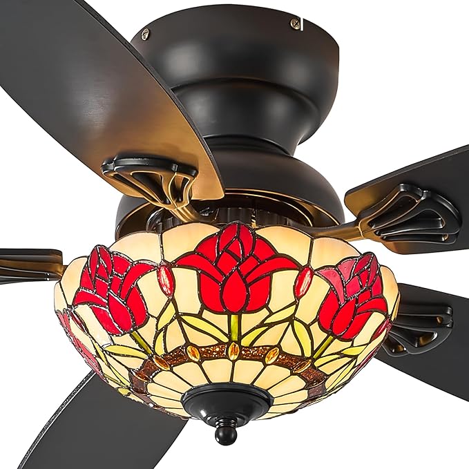 Tiffany Ceiling Fans with Lights-48"Ceiling Fan Chandelier and Glass Shade | 48" Ceiling Fan Chandelier with 5 Dual-Blades and Glass Shade, 6 Speeds and Reversible, Indoor and Outdoor, Retro Style