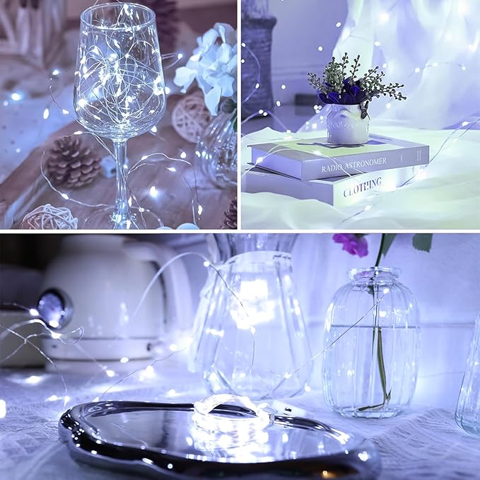 White Fairy Lights Battery Operated (Included), 8 Modes & Auto Timer, 4 Packs 5m 50Led Mini Twinkle Silver Wire Firefly Starry Lights, Waterproof Battery Operated Lights for Tree Bottle Party