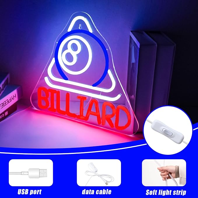 Billiard Neon Sign Pool Table Wall Decor LED Lights for Pool Room Decor | Dimmable USB Powered LED Sign for Bar Man Cave Club Pub Basement Arcade Room Decoration Billiards Lover Pool Hall Wall Decor