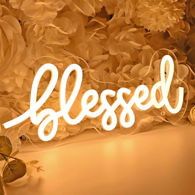 SYLHOME Blessed Led Neon Light Sign Home Bedroom Kids Room Office Wall Sign Decor Pray God Bless Wedding Sign Christmas Birthday Decoration USB 11.8"X5"