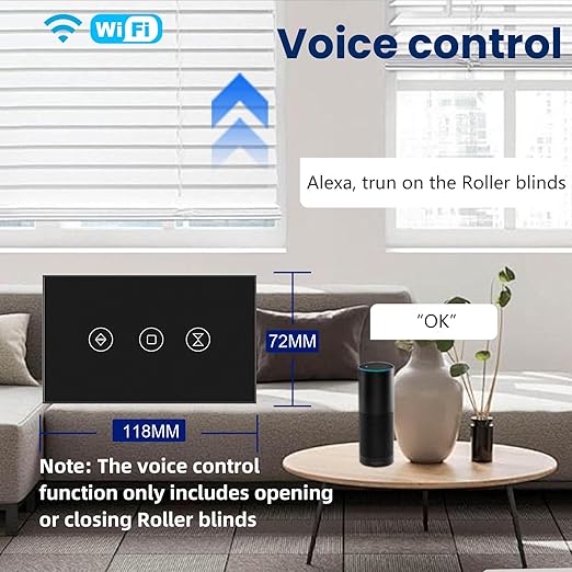 Smart Roller Shutter Switch Single Gang 2.4GHz Wi-Fi Touch Switch, Neutral Wire Required,Work with Smart Life/Tuya App and Alexa,Tempered Glass Panel,Black